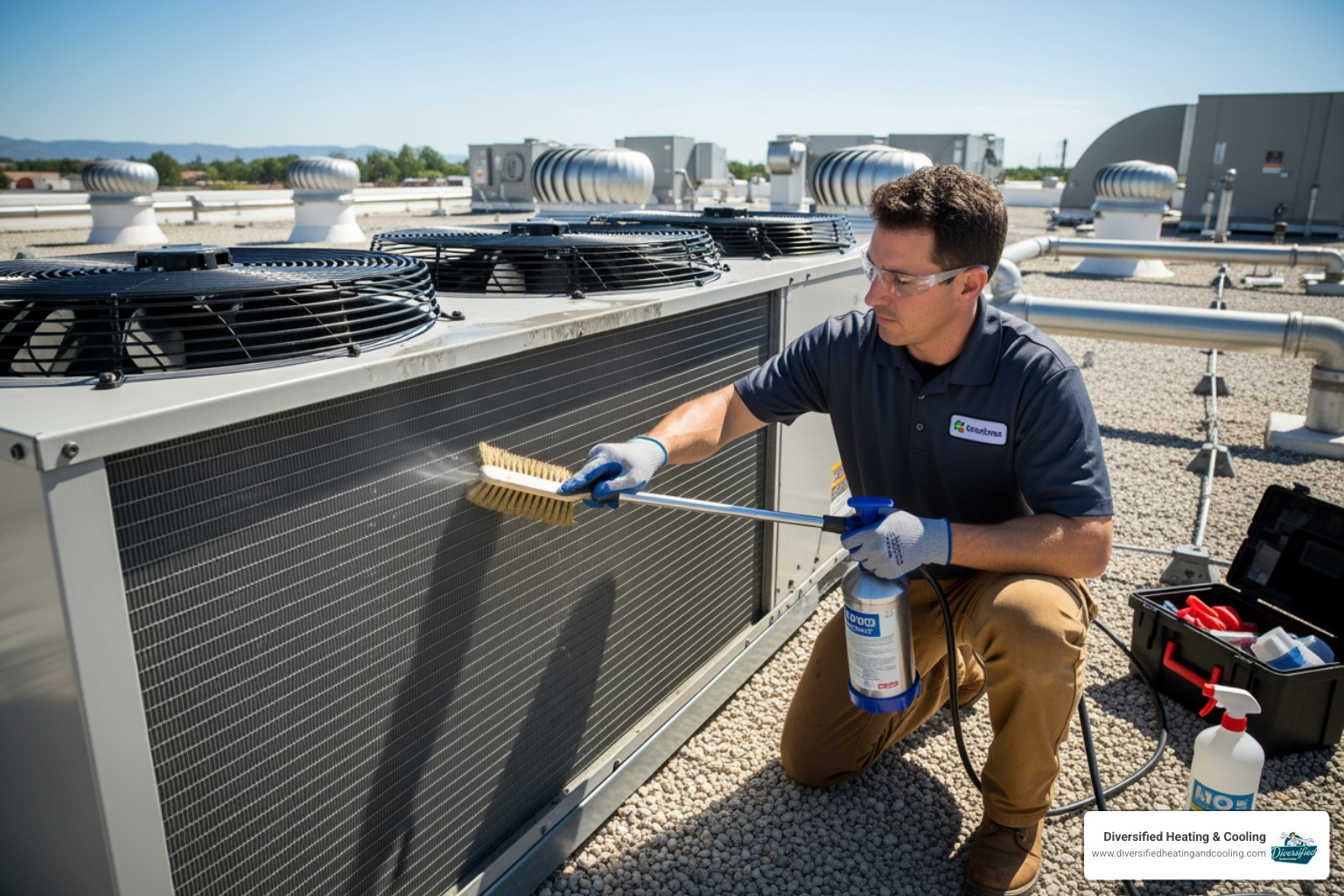 technician cleaning the coils of a commercial air conditioning unit - affordable commercial hvac service in bermuda dunes ca technician cleaning the coils of a commercial air conditioning unit - affordable commercial hvac service in bermuda dunes ca