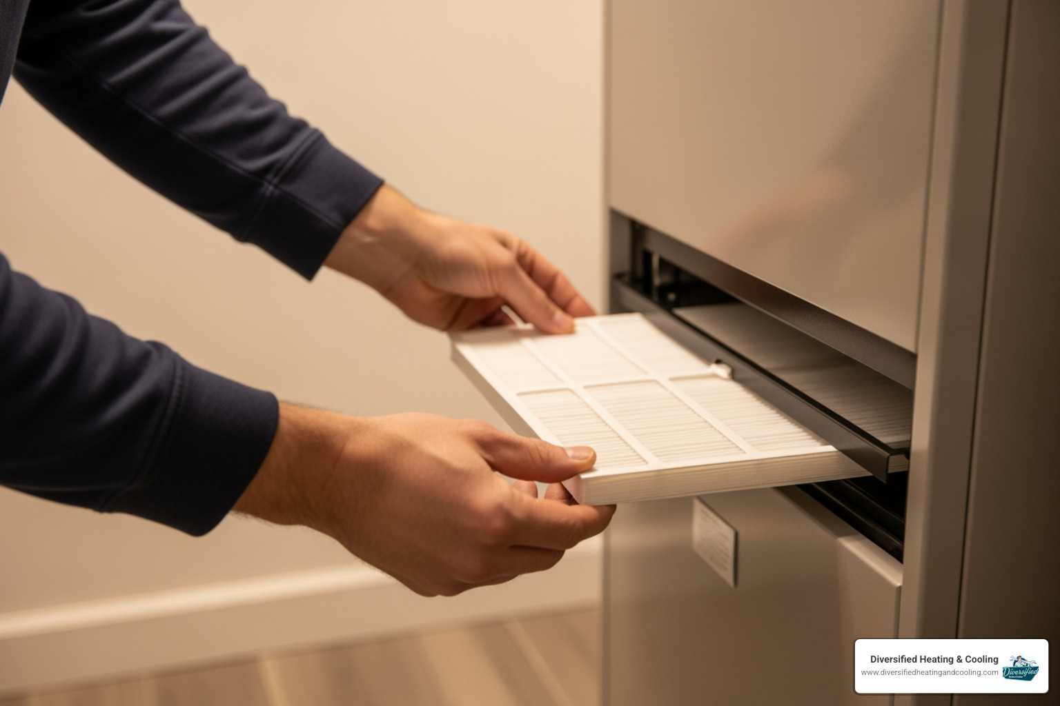 Homeowner easily changing the air filter on their furnace - residential heating installation in landers ca