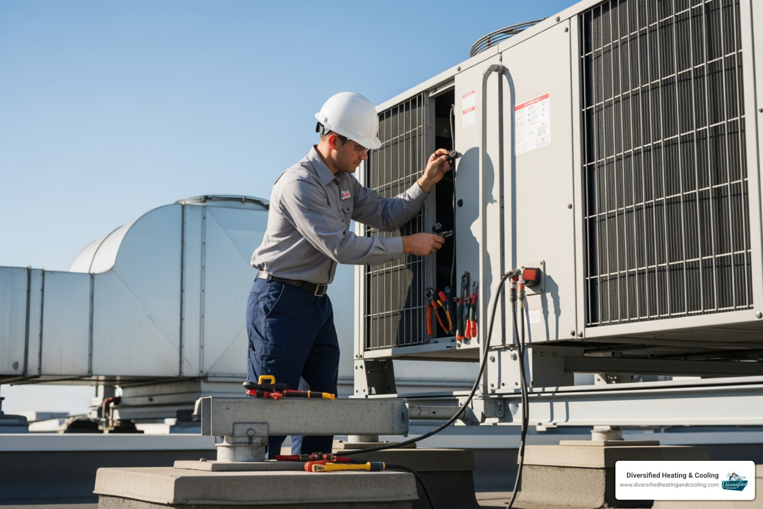 HVAC technician servicing a commercial rooftop unit - commercial hvac maintenance service in cathedral city ca