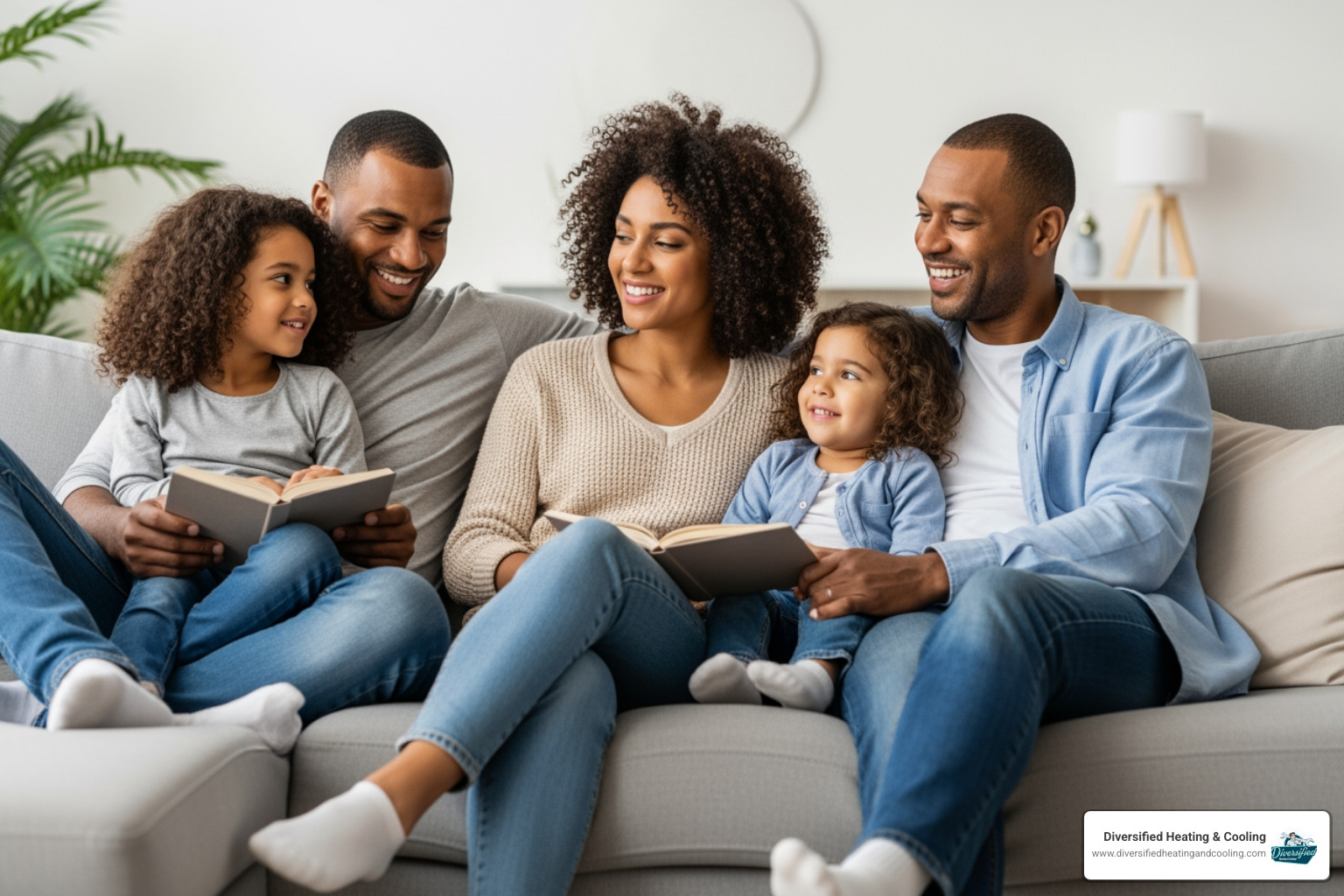 family relaxing in a perfectly temperature-controlled living room - heat pump maintenance service in baldwin lake ca