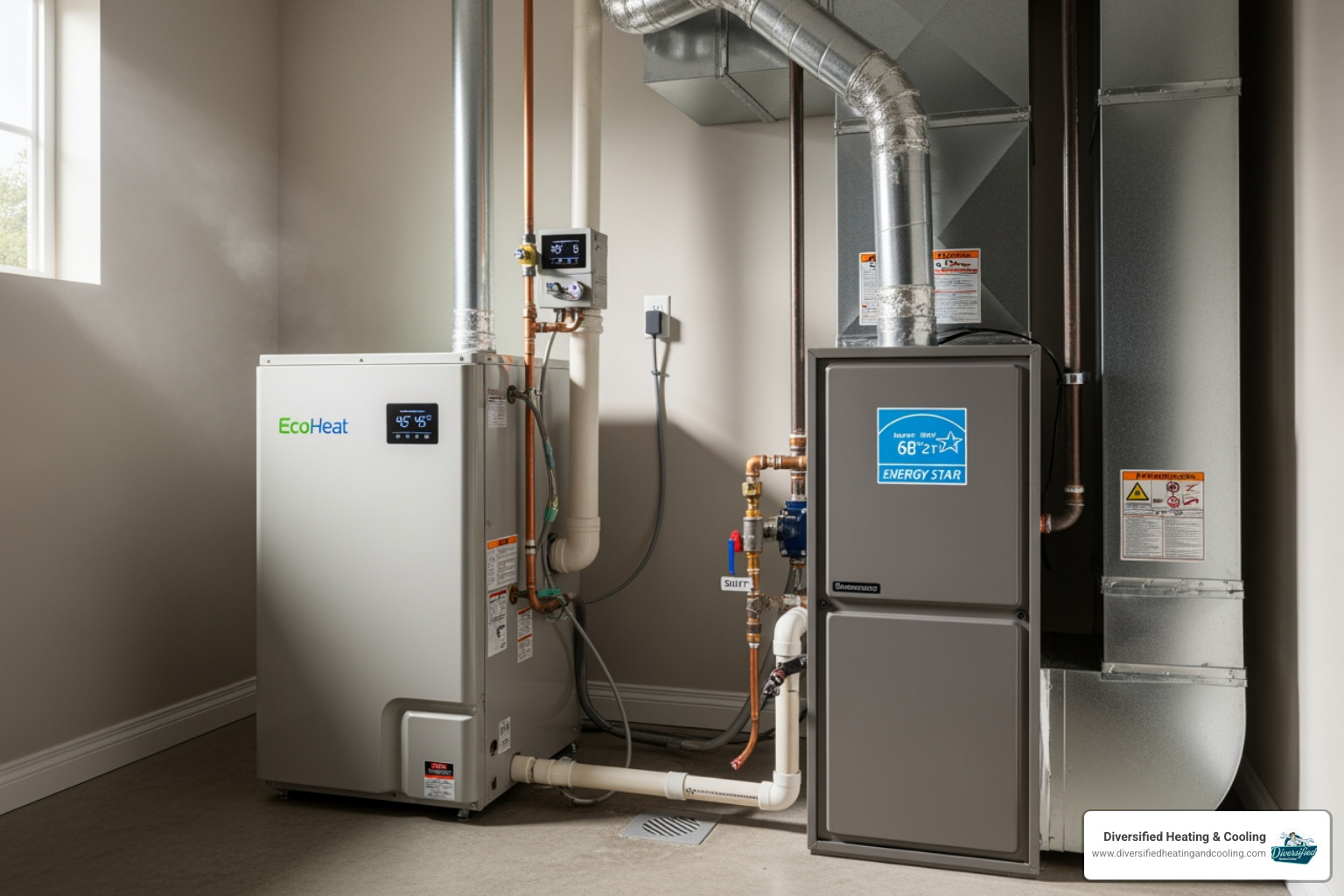 Modern heat pump unit and a high-efficiency furnace side-by-side - residential heating installation in landers ca