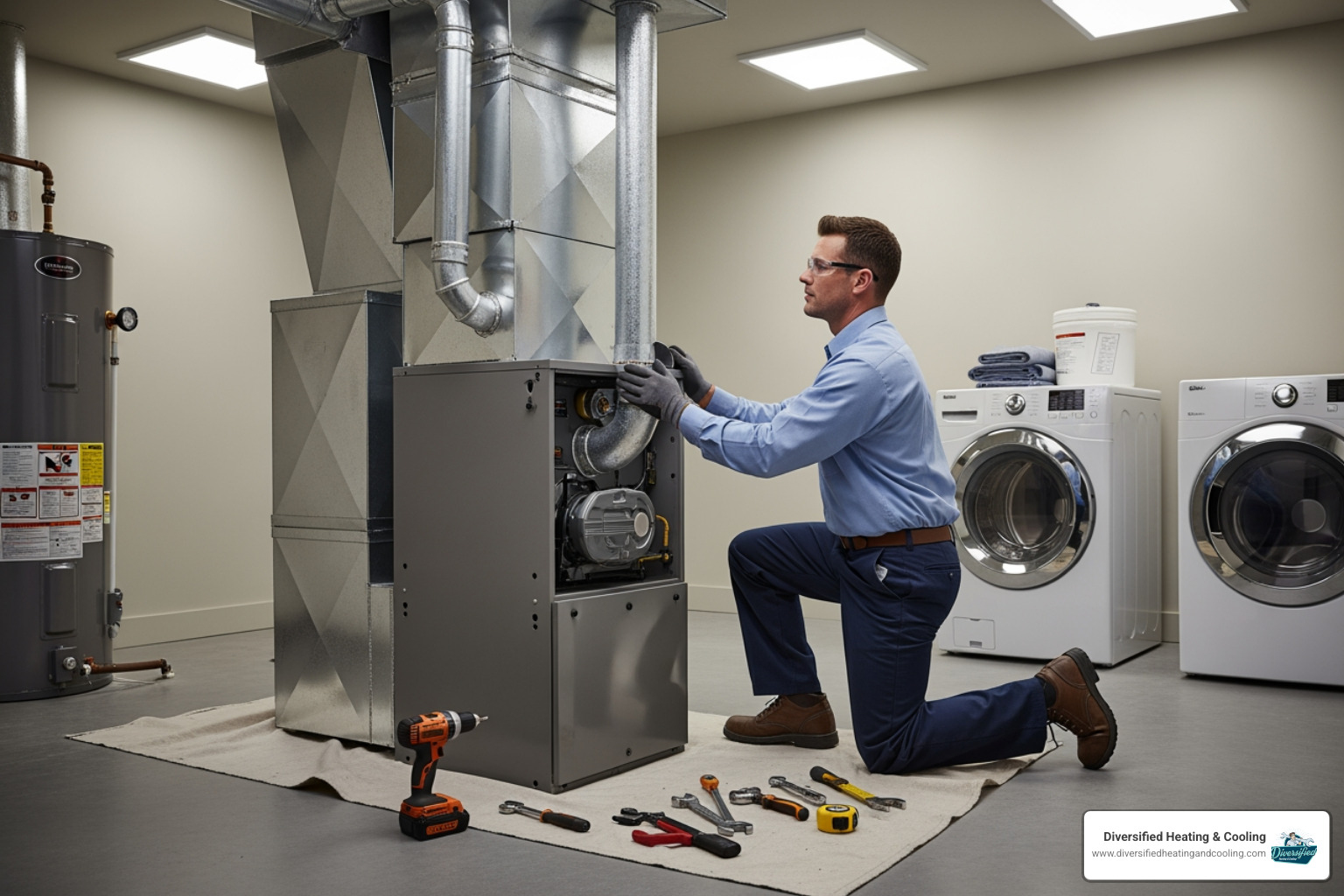 Professional technician carefully installing a new furnace in a clean utility space - residential heating installation in landers ca