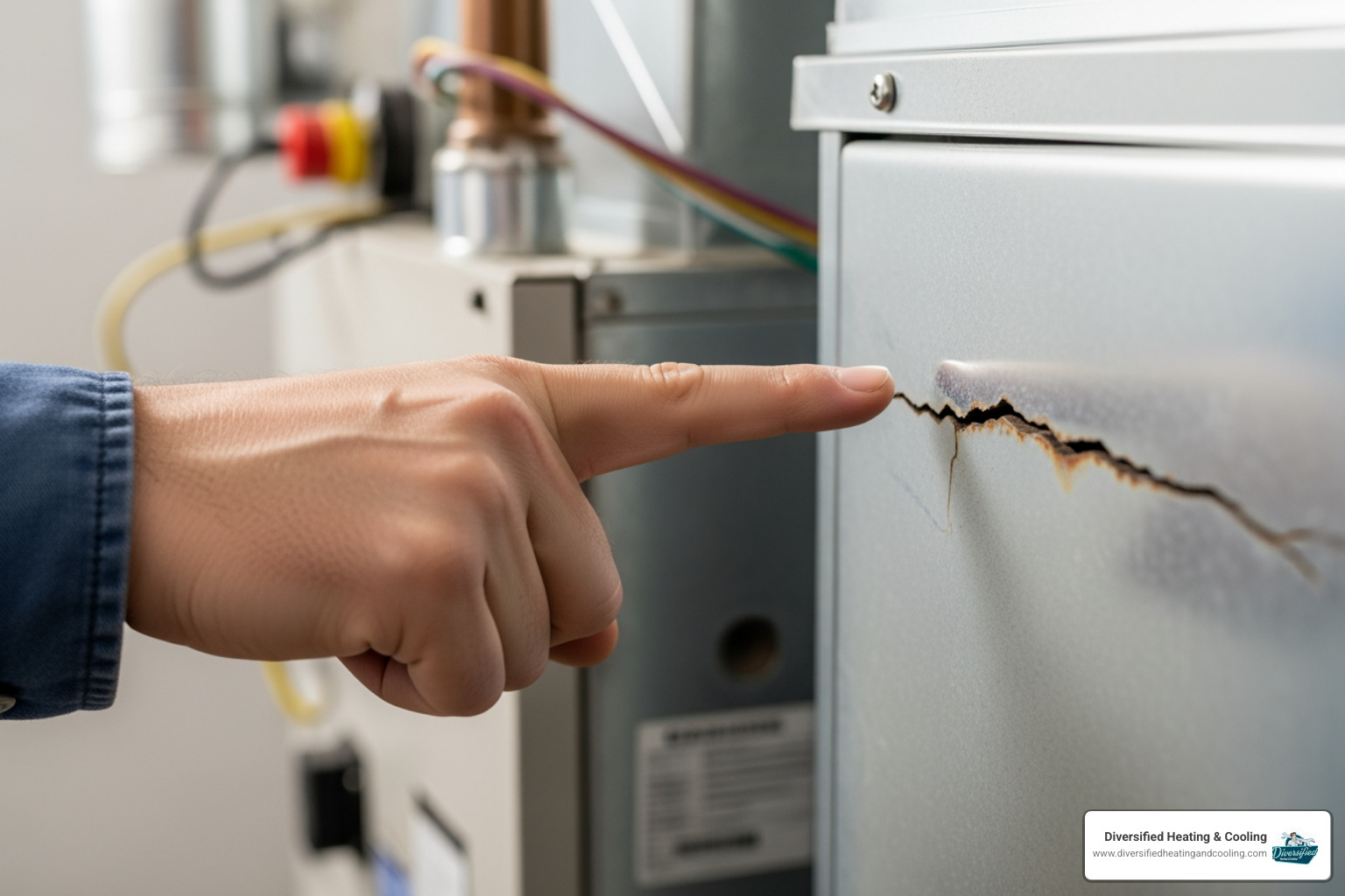 A technician pointing to a cracked heat exchanger on a furnace, highlighting a critical safety issue - emergency heating repair in landers ca