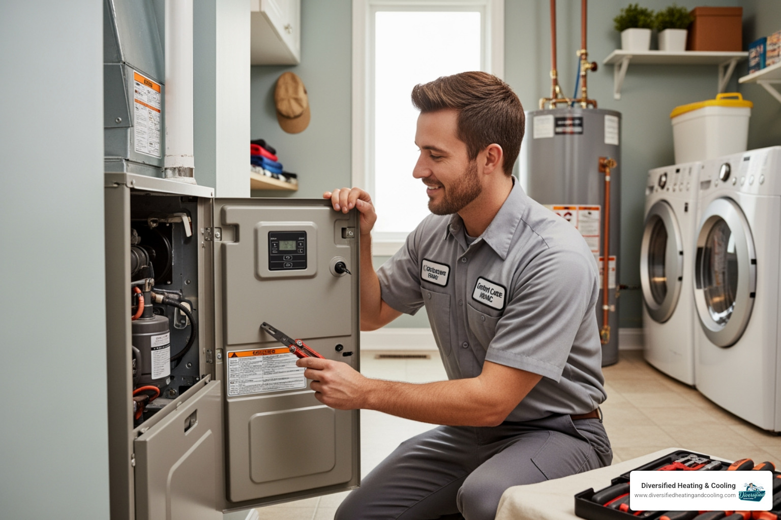 A friendly technician performing a furnace tune-up, emphasizing routine maintenance - emergency heating repair in landers ca