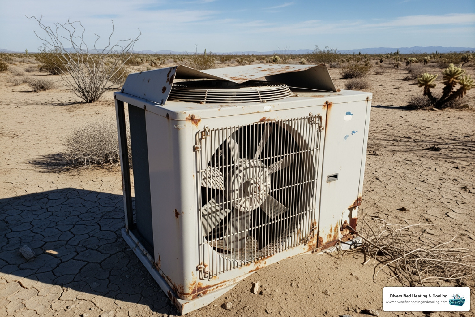 A dusty outdoor heat pump unit, illustrating the impact of a desert environment - emergency heat pump repair in la quinta ca