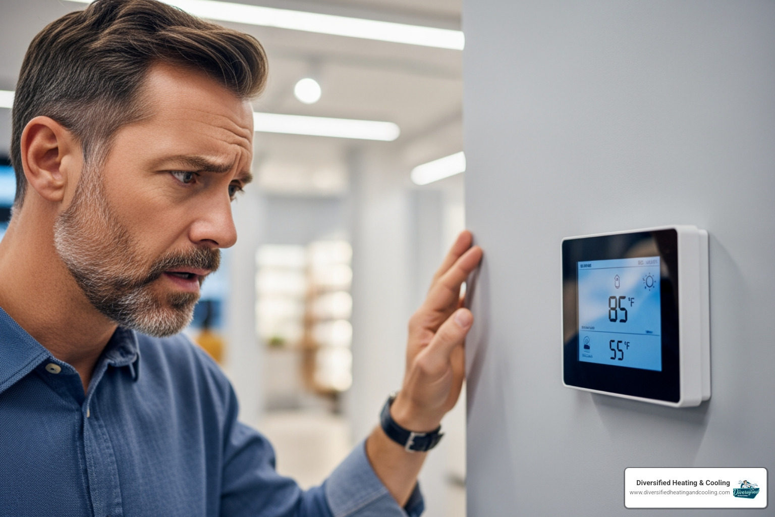 of a business owner looking concerned at a thermostat - commercial hvac repair in cathedral city ca