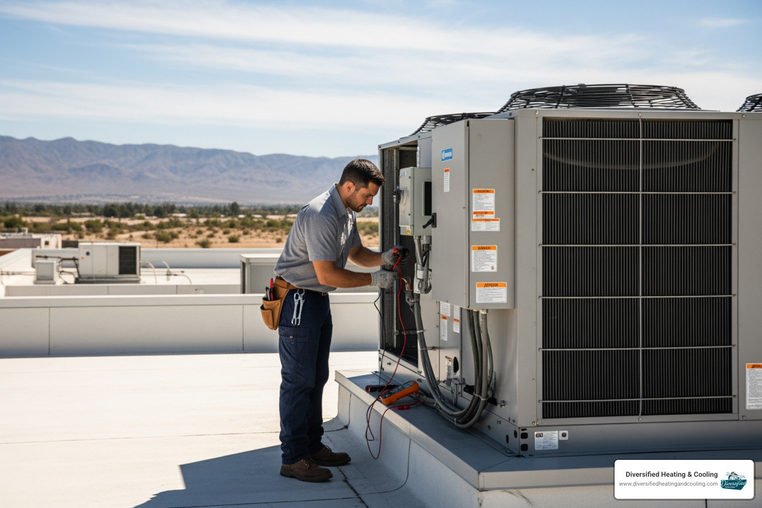 A technician working on a commercial HVAC system on a rooftop - commercial hvac service in cathedral city ca
