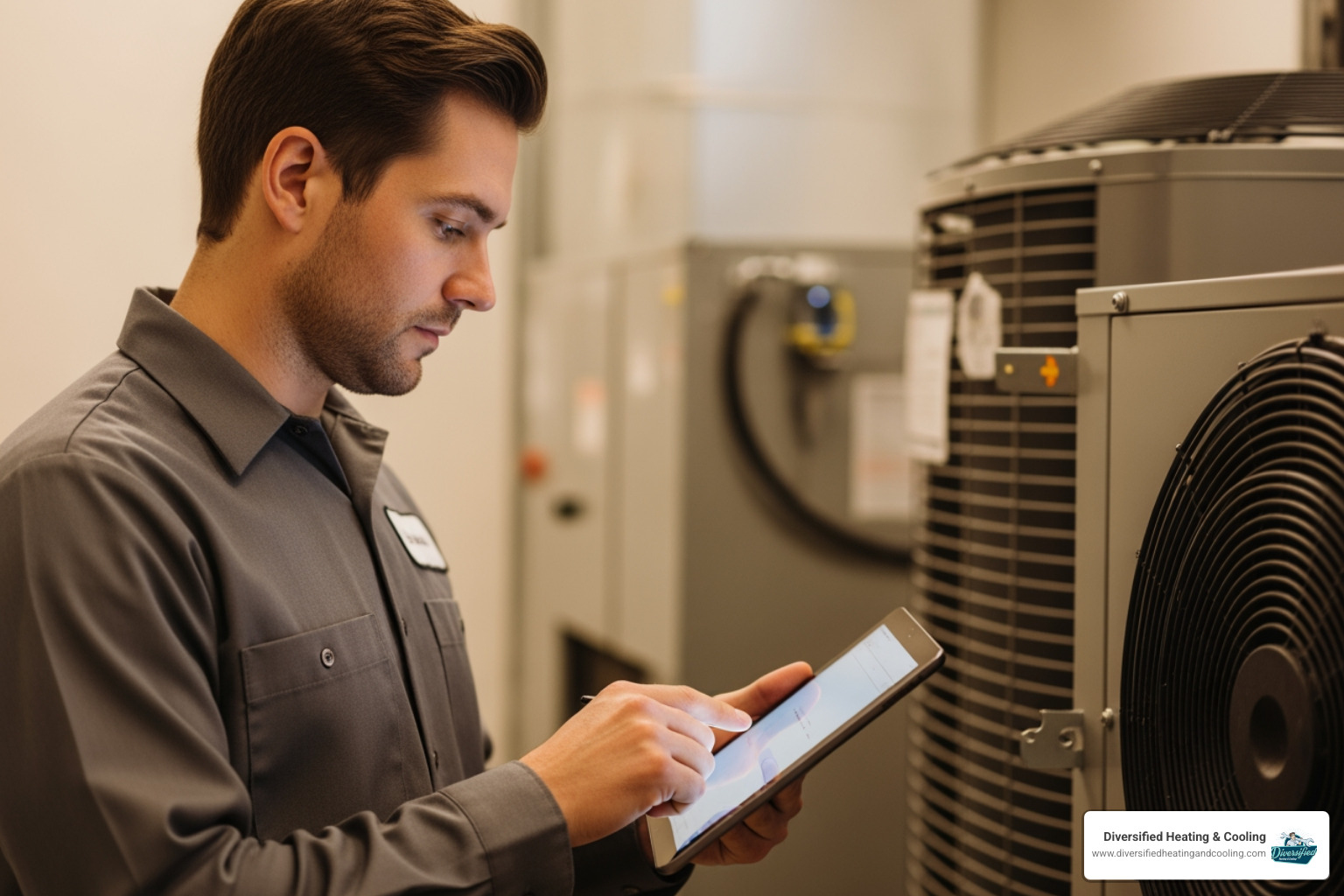 of a NATE-certified technician diagnosing an issue with a tablet - commercial hvac repair in cathedral city ca