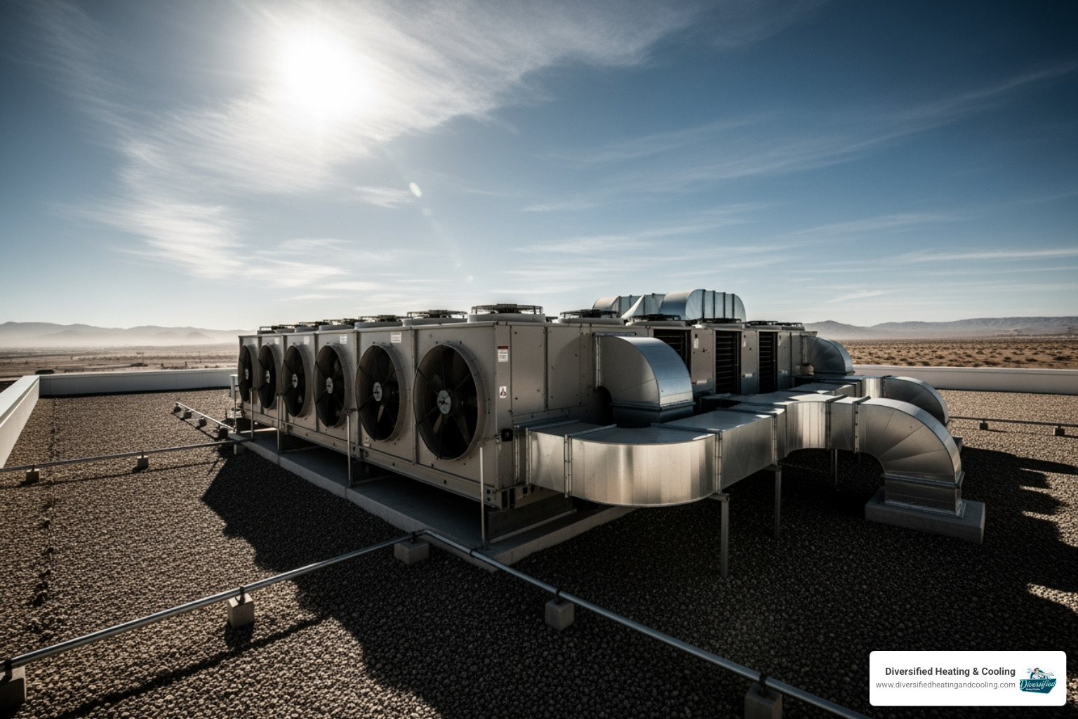 A large commercial rooftop HVAC unit under a bright desert sun - commercial hvac service in cathedral city ca