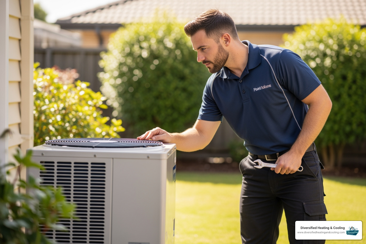 technician inspecting outdoor heat pump unit - best heat pump company in thousand palms ca