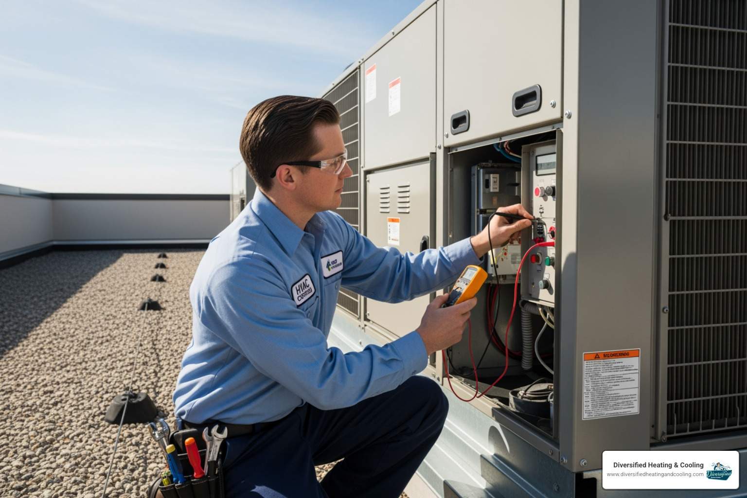 technician performing scheduled maintenance on HVAC system - 24/7 commercial hvac repair in thousand palms ca