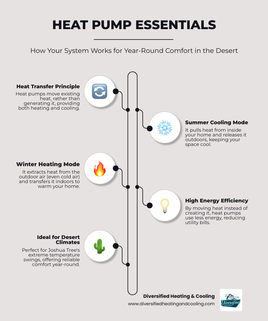 Infographic showing how a heat pump works in both heating and cooling modes, with arrows indicating heat transfer direction in summer vs winter, outdoor and indoor units labeled, and key benefits listed: year-round comfort, energy efficient operation, single system for heating and cooling, ideal for desert climates - 24/7 heat pump repair in joshua tree ca infographic infographic-line-5-steps-elegant_beige