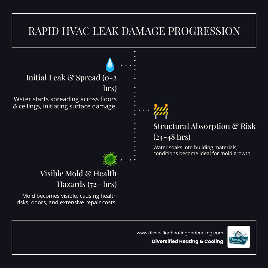 infographic showing the progression of commercial HVAC water damage: hour 0 shows initial leak from HVAC unit, hour 2 shows water spreading across floor and ceiling, hour 24 shows water stains and structural absorption, hour 48 shows mold spores beginning to colonize, hour 72 shows visible mold growth and potential health hazards, with urgent action callouts at each stage - commercial hvac leaking water in big bear lake ca infographic infographic-line-3-steps-dark