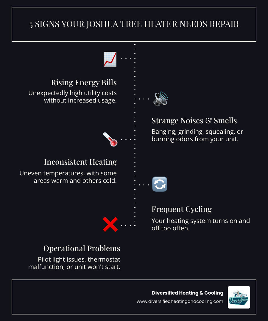 infographic showing common heating system warning signs including unusual noises, inconsistent temperatures, frequent cycling, rising energy bills, strange odors, and pilot light problems, with icons for each symptom and a note to call professionals when multiple signs appear - affordable heating repair in joshua tree ca infographic infographic-line-5-steps-dark