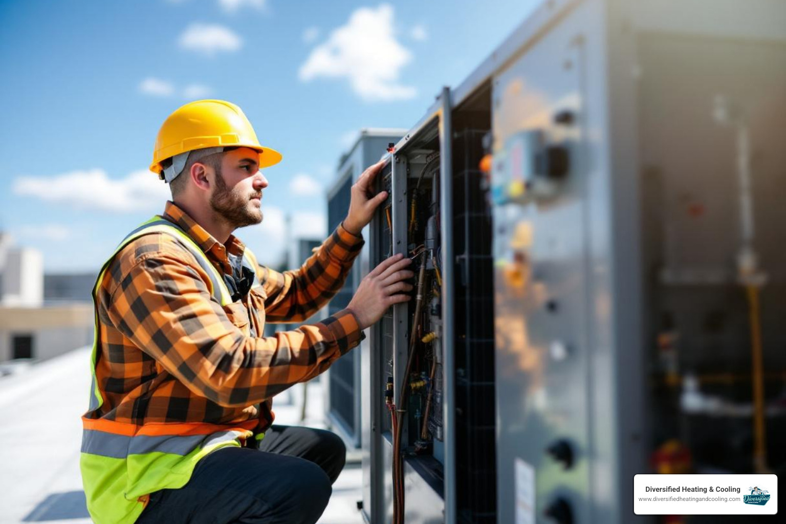 technician inspecting commercial rooftop hvac unit - commercial hvac leaking water in big bear lake ca