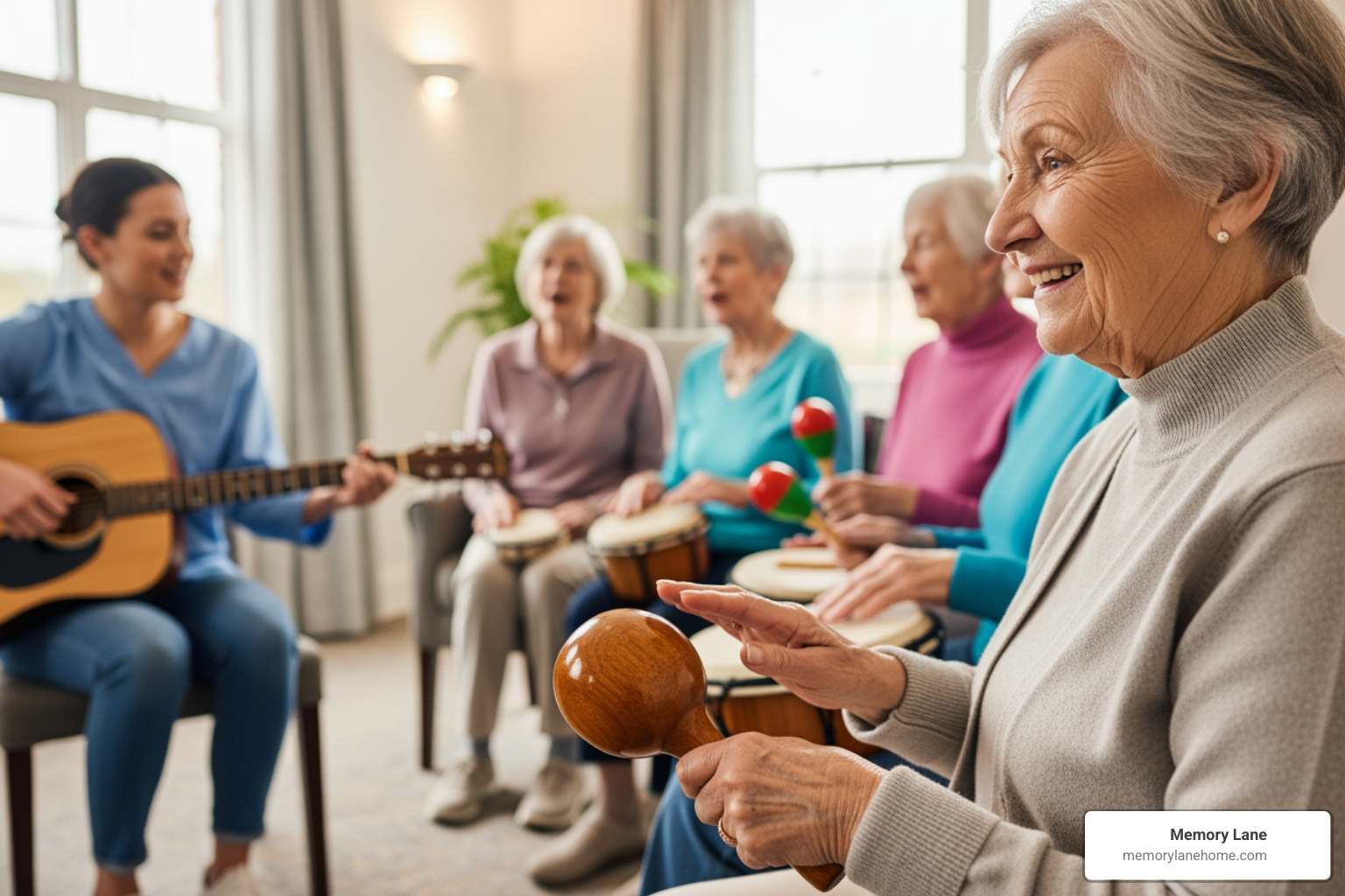 A resident enjoying a music therapy session - memory care Ann Arbor A resident enjoying a music therapy session - memory care Ann Arbor