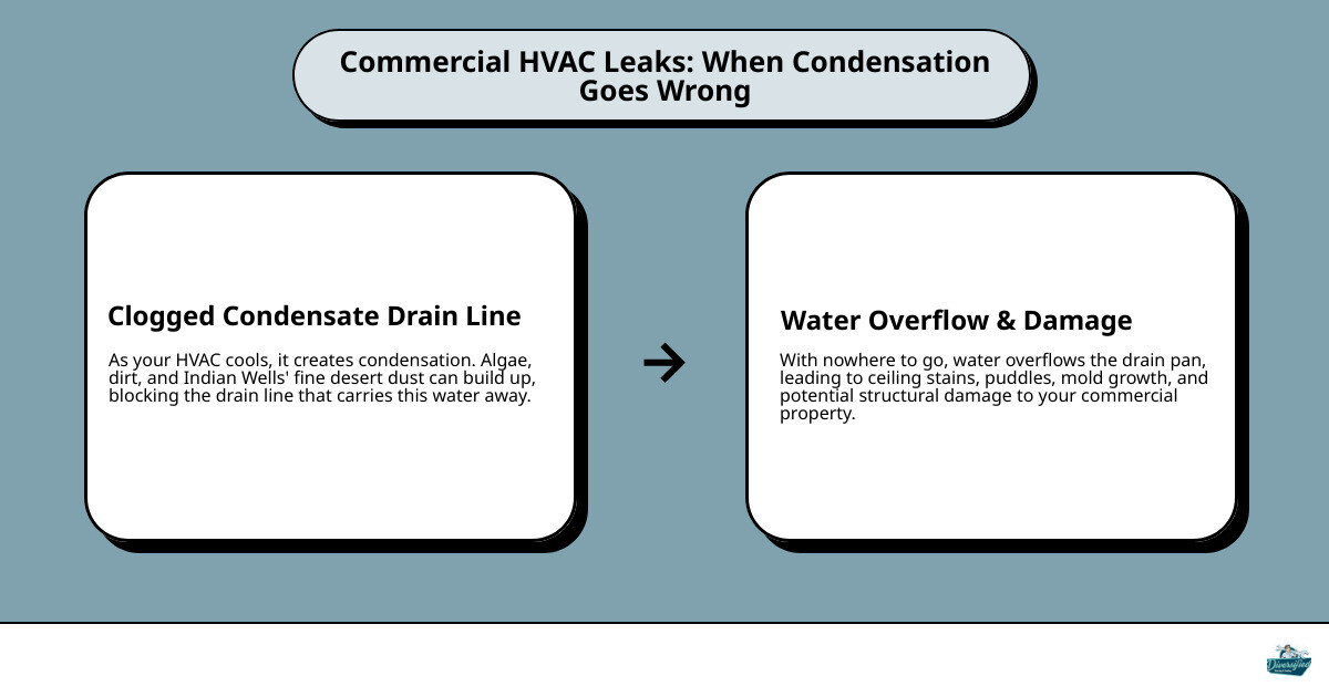 Infographic showing the condensation cycle in a commercial HVAC system: how warm air enters the evaporator coils, water condenses and collects, travels through the condensate drain line to the drain pan, and exits the building properly versus what happens when the drain line clogs or the pan cracks causing water to leak into the building - commercial hvac leaking water in indian wells ca infographic cause_effect_text