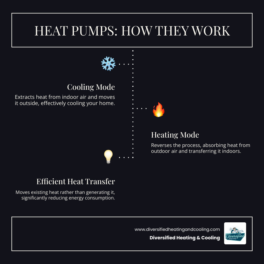 Infographic explaining how a heat pump provides both heating and cooling by moving heat - reliable heat pump company in palm springs ca infographic infographic-line-3-steps-dark