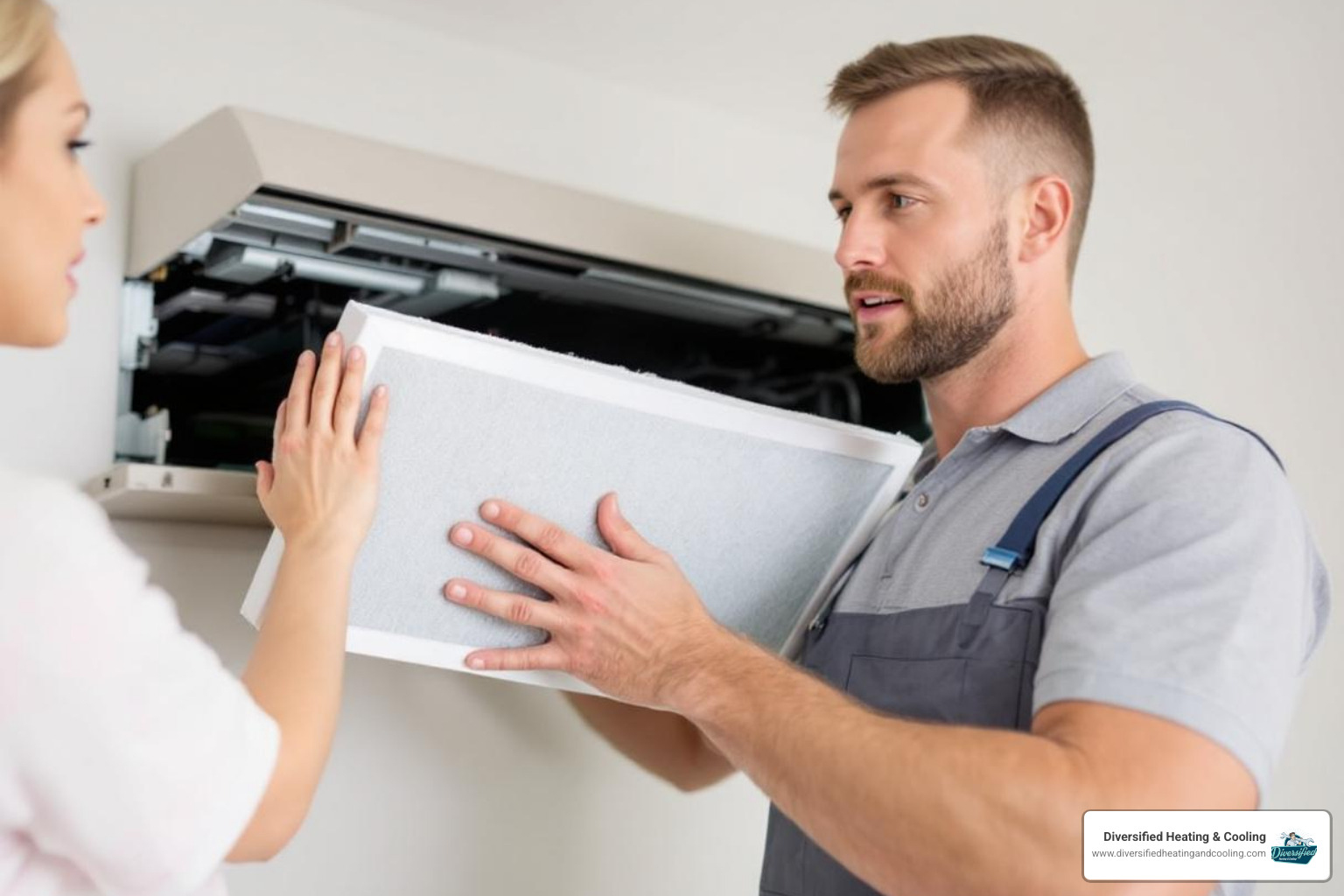 a homeowner changing a clean air filter in their HVAC system - heat pump blowing cold air in big bear lake ca