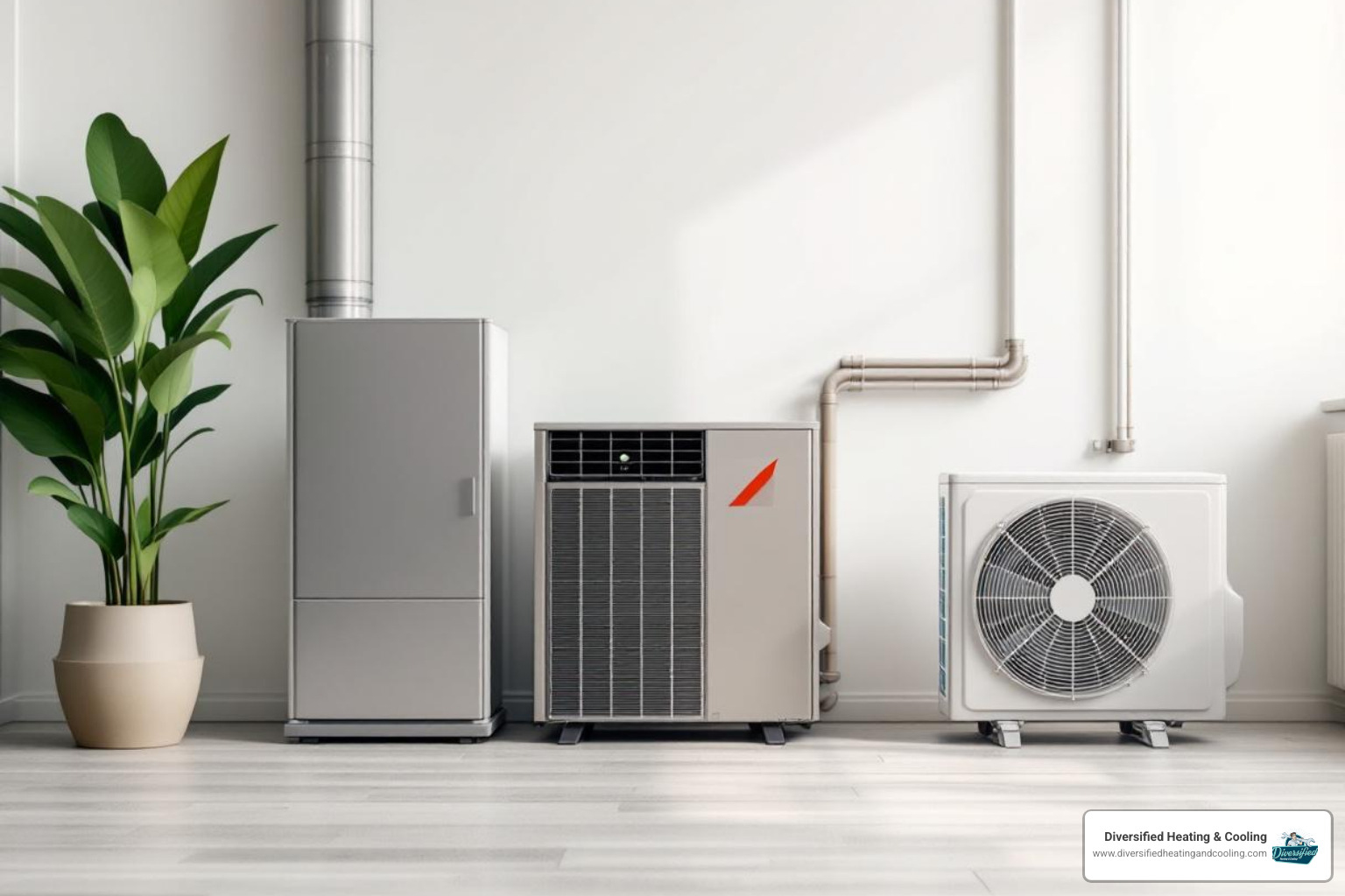 diverse heating systems including a modern furnace and an outdoor heat pump unit - affordable heating repair in joshua tree ca