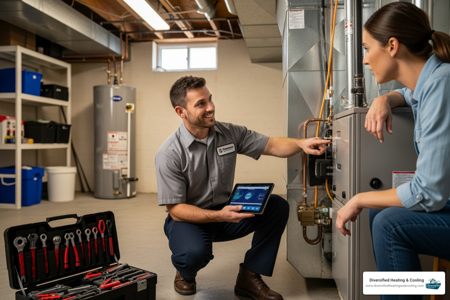 friendly HVAC technician explaining repair options to a homeowner - affordable heating repair in joshua tree ca