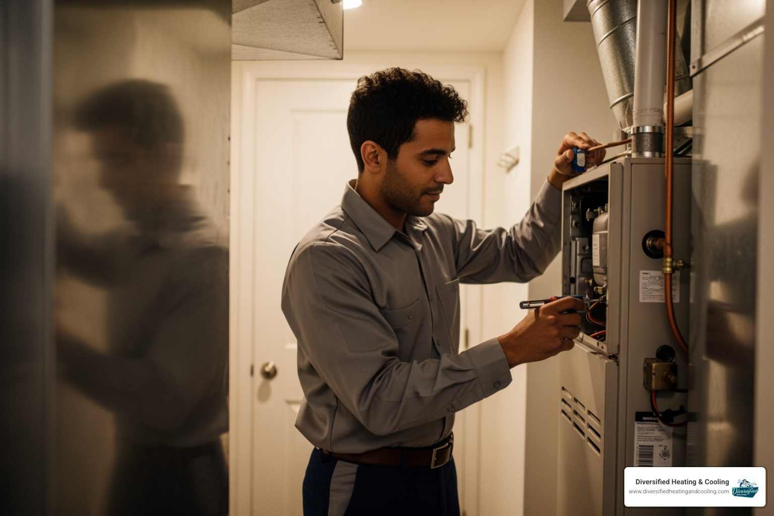 HVAC technician performing routine maintenance on a furnace in a home - affordable heating repair in joshua tree ca