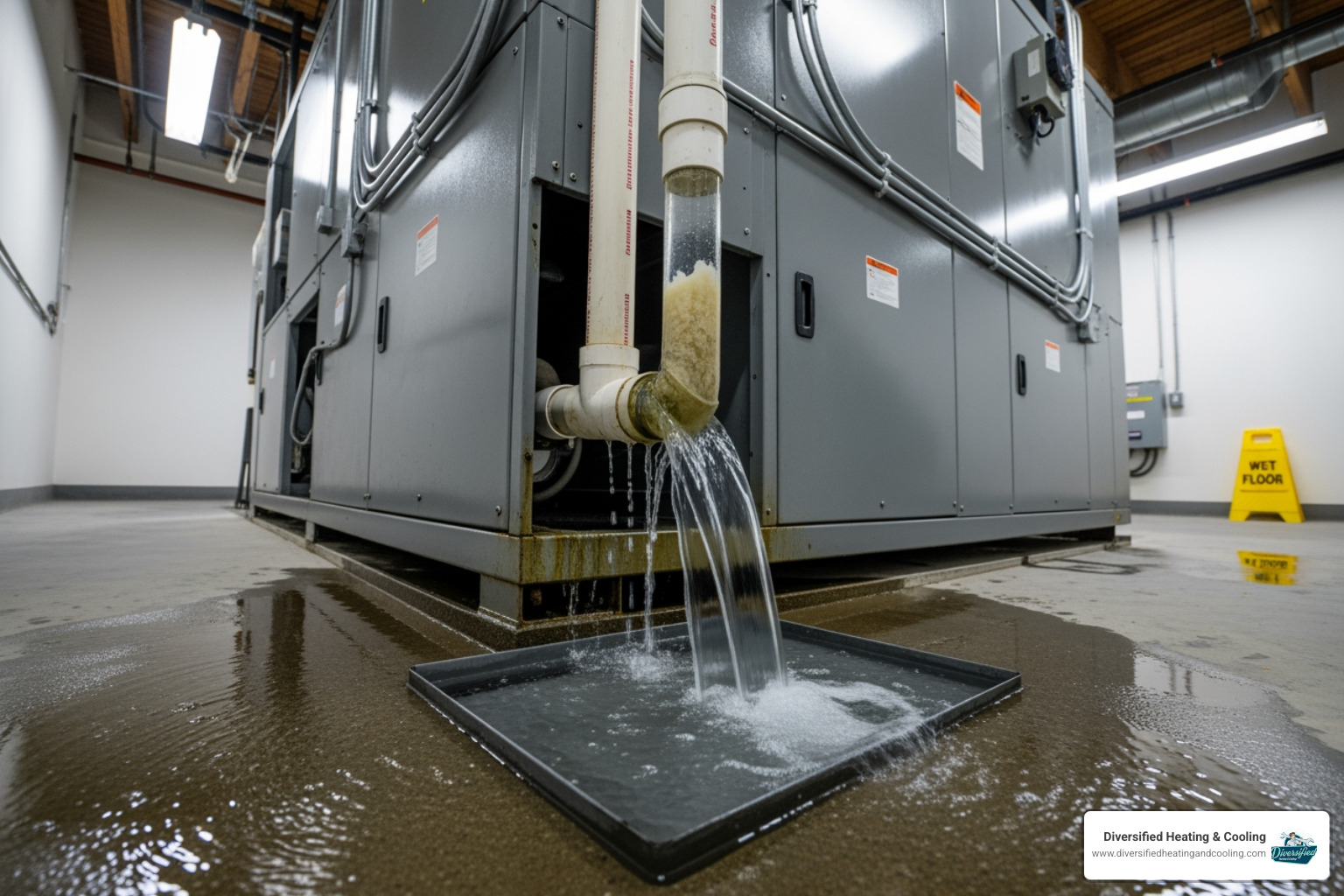 of a clogged and overflowing condensate drain line - commercial hvac leaking water in indian wells ca