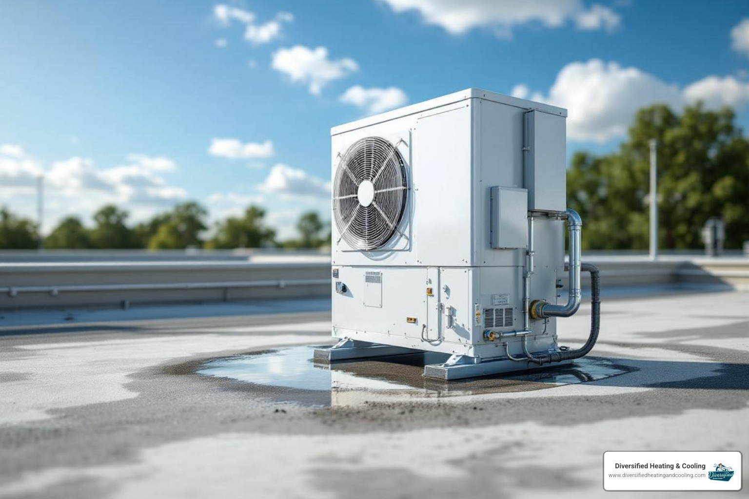 of a commercial rooftop HVAC unit with a visible puddle underneath - commercial hvac leaking water in indian wells ca