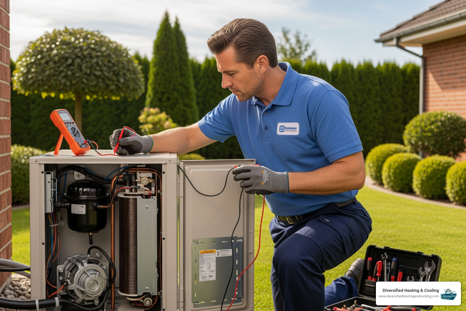A professional HVAC technician wearing gloves, using diagnostic tools to inspect the internal components of an outdoor heat pump unit, with a focus on precision and expertise - heat pump repair in landers ca A professional HVAC technician wearing gloves, using diagnostic tools to inspect the internal components of an outdoor heat pump unit, with a focus on precision and expertise - heat pump repair in landers ca