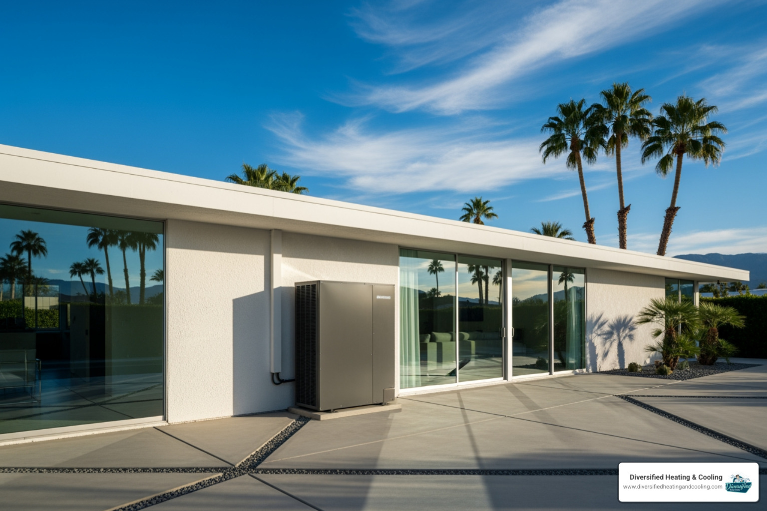 A sleek, modern heat pump unit outside a stylish Palm Springs home - reliable heat pump company in palm springs ca