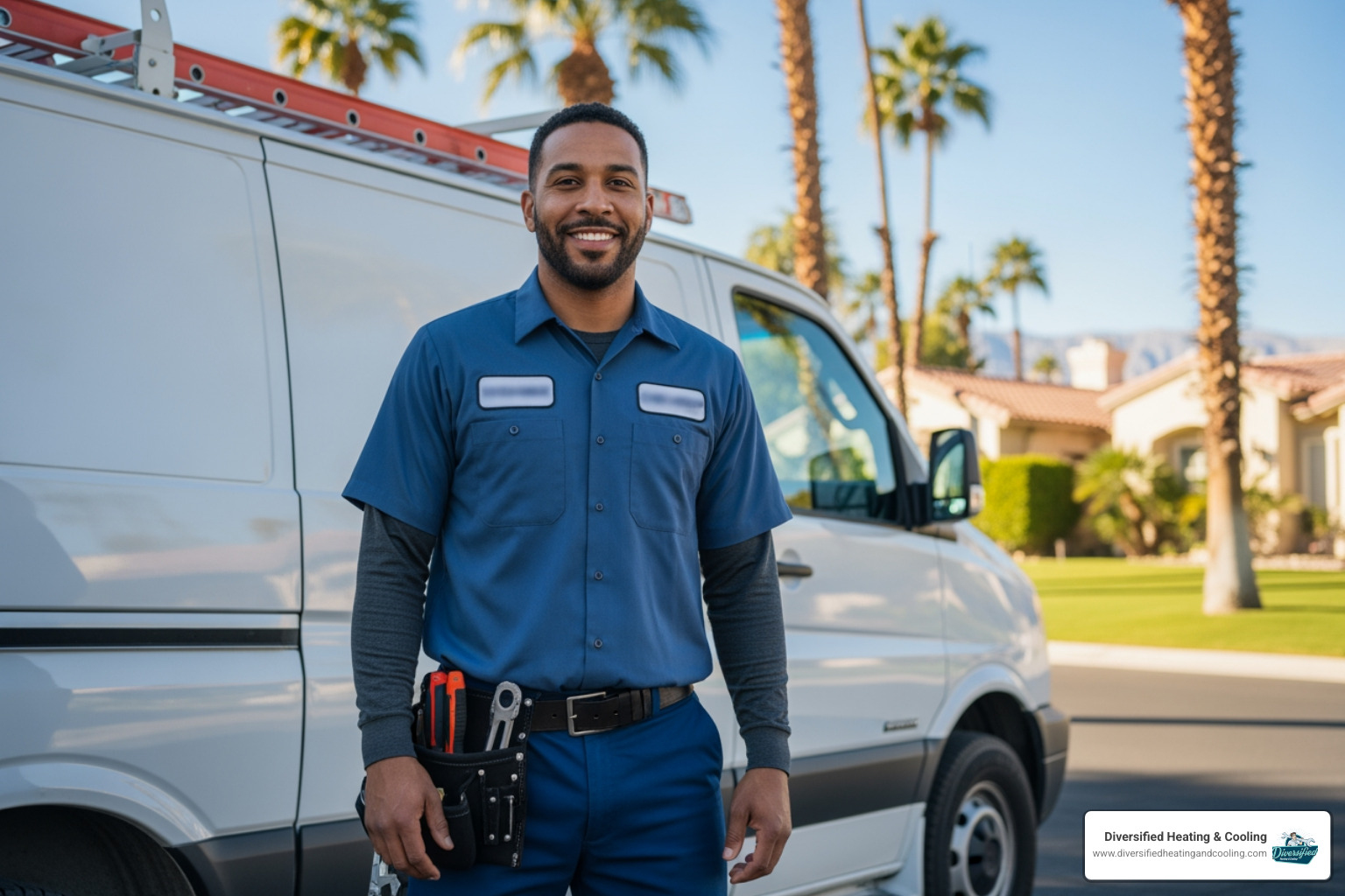 A friendly, professional HVAC technician smiling in front of a service van - reliable heat pump company in palm springs ca