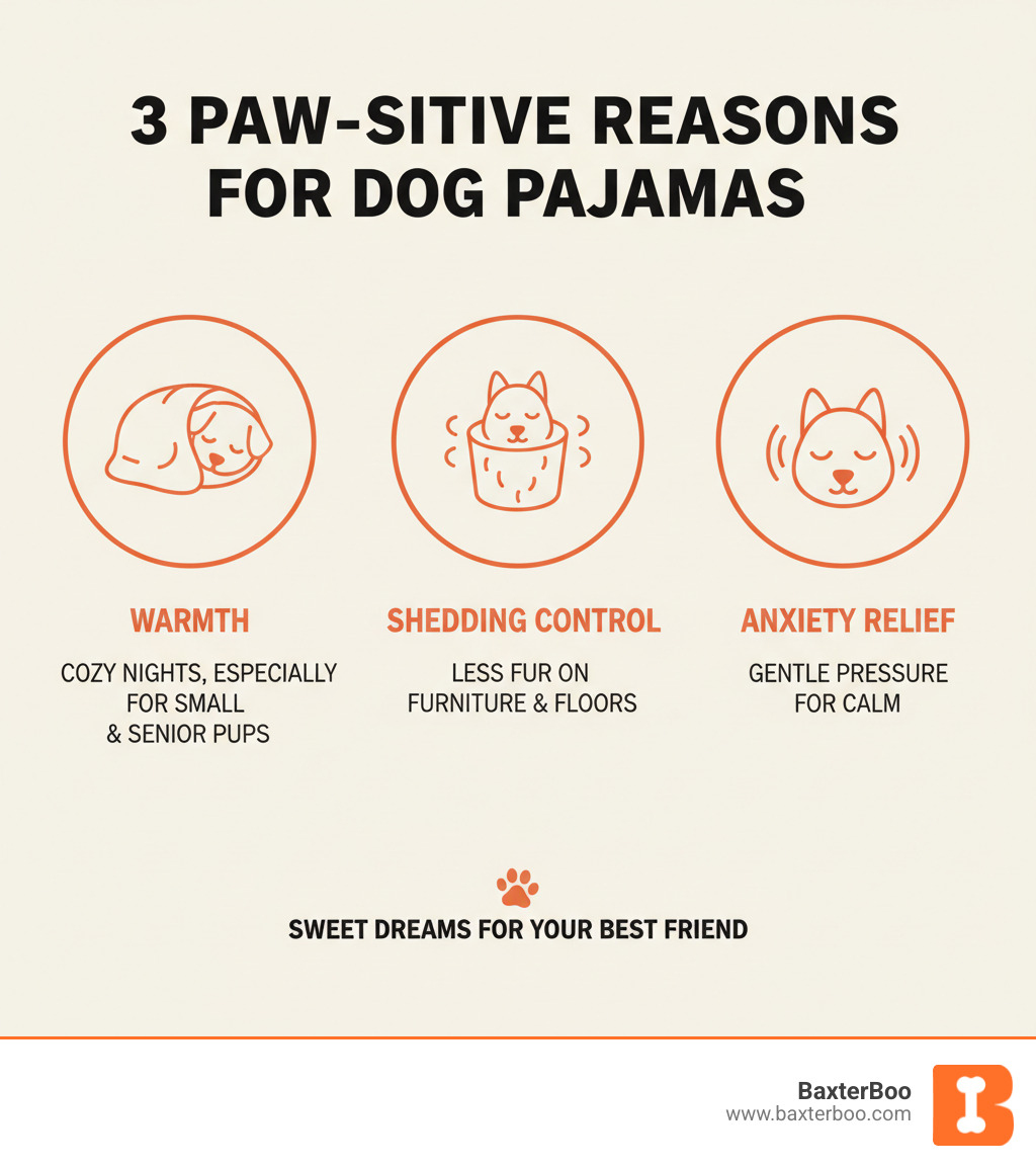 Infographic explaining the top 3 reasons to get your dog pajamas: warmth, shedding control, and anxiety relief. - dog pajamas infographic 