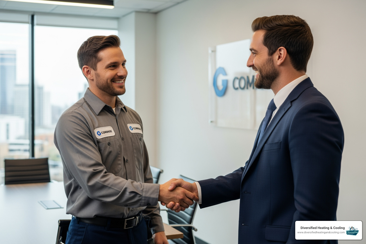 smiling technician shaking hands with a happy business owner - same day commercial hvac repair in bermuda dunes ca