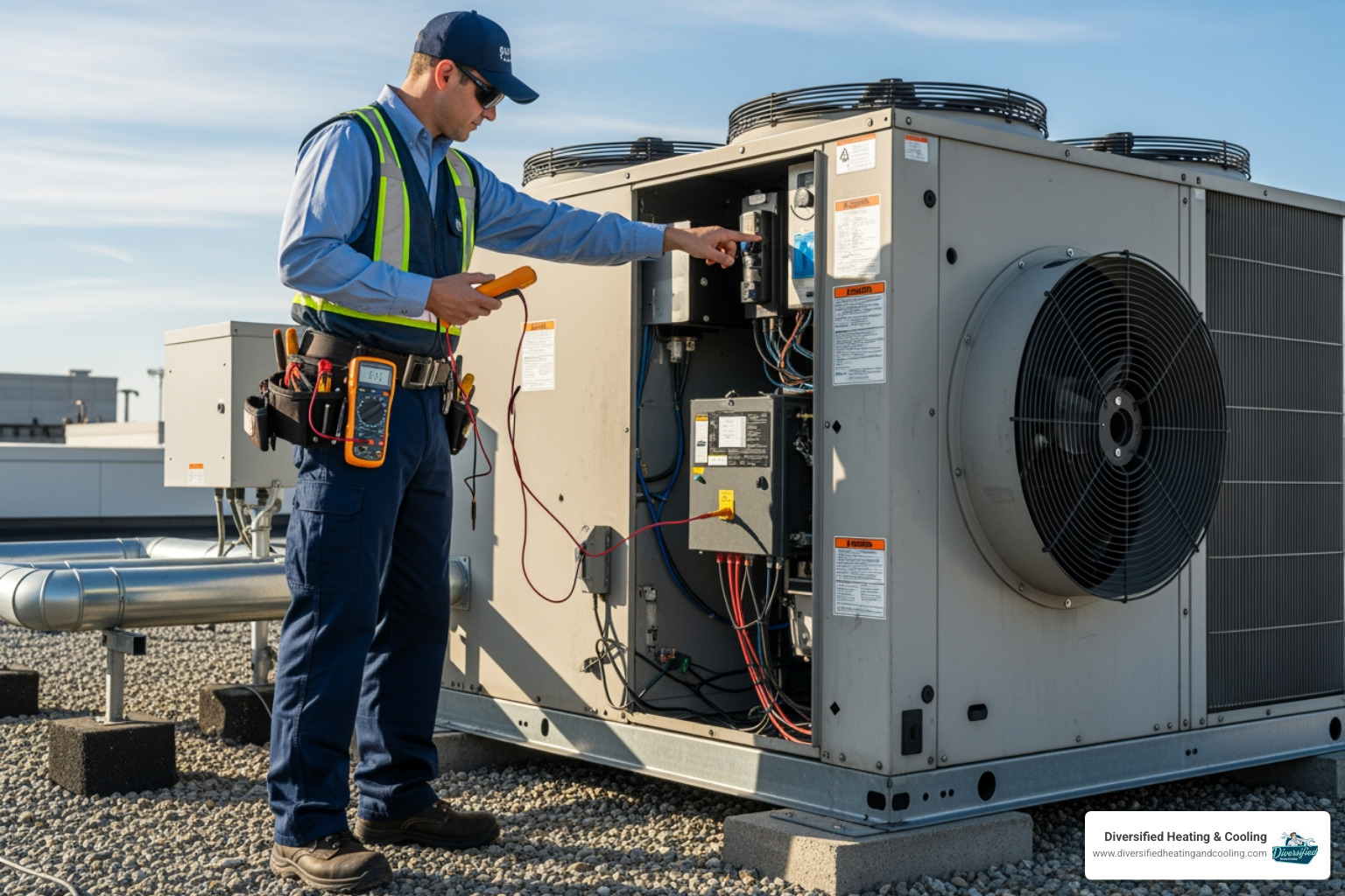 technician inspecting a large rooftop HVAC unit - same day commercial hvac repair in bermuda dunes ca