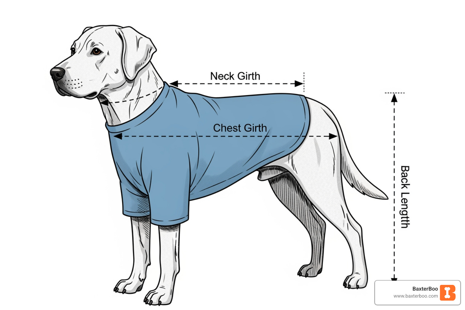 Diagram showing dog measurements for pajamas - dog pajamas