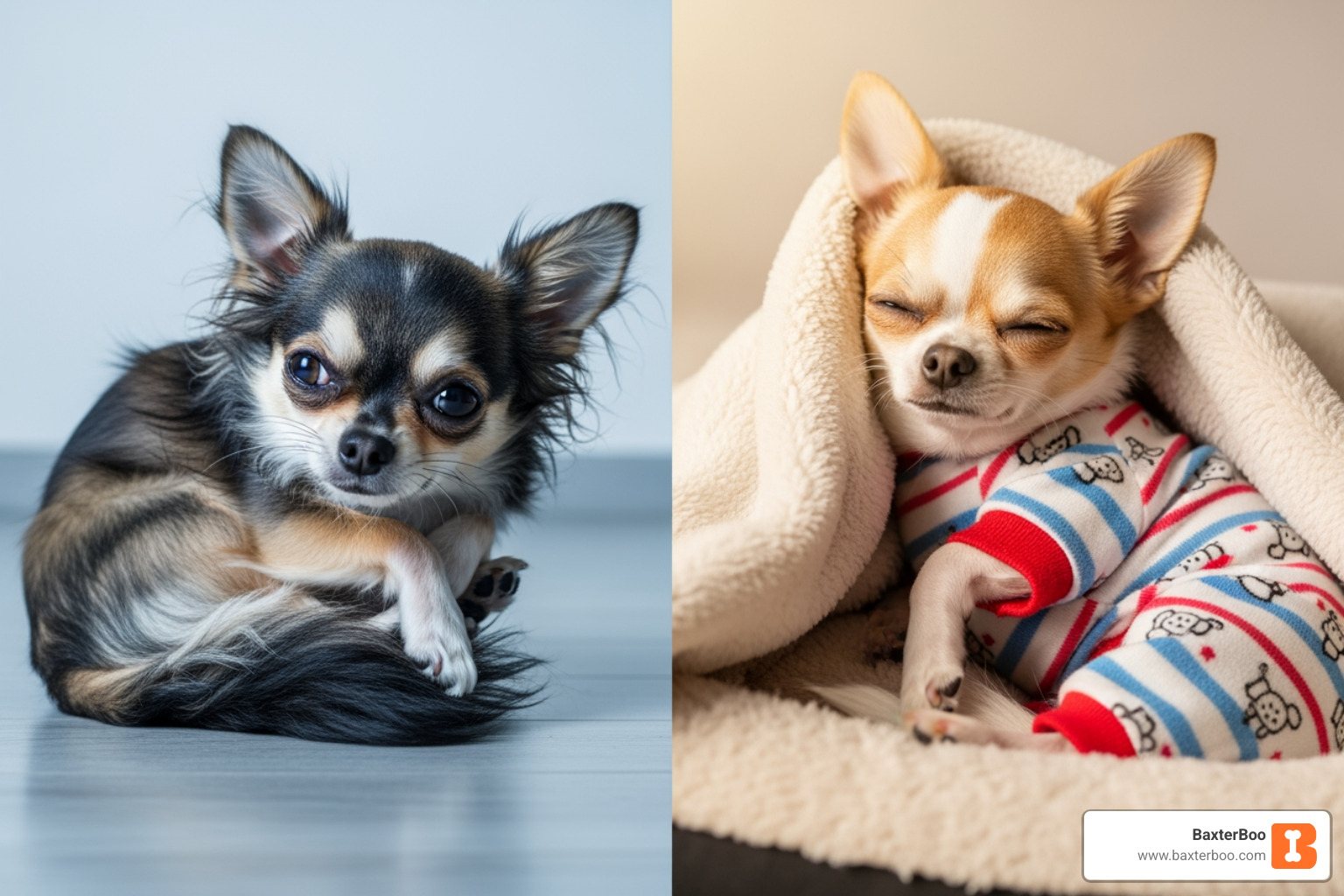 Small shivering chihuahua and cozy chihuahua in pajamas - dog pajamas