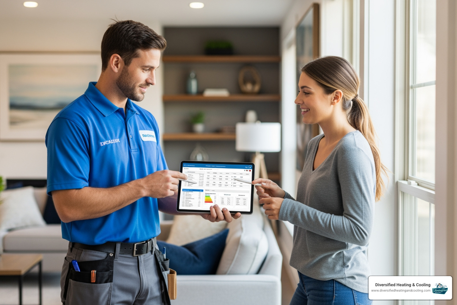 A professional HVAC technician discusses options with a homeowner, pointing at a tablet displaying system specifications. Both are smiling, indicating a positive and informative interaction. - affordable heat pump installation in thousand palms ca