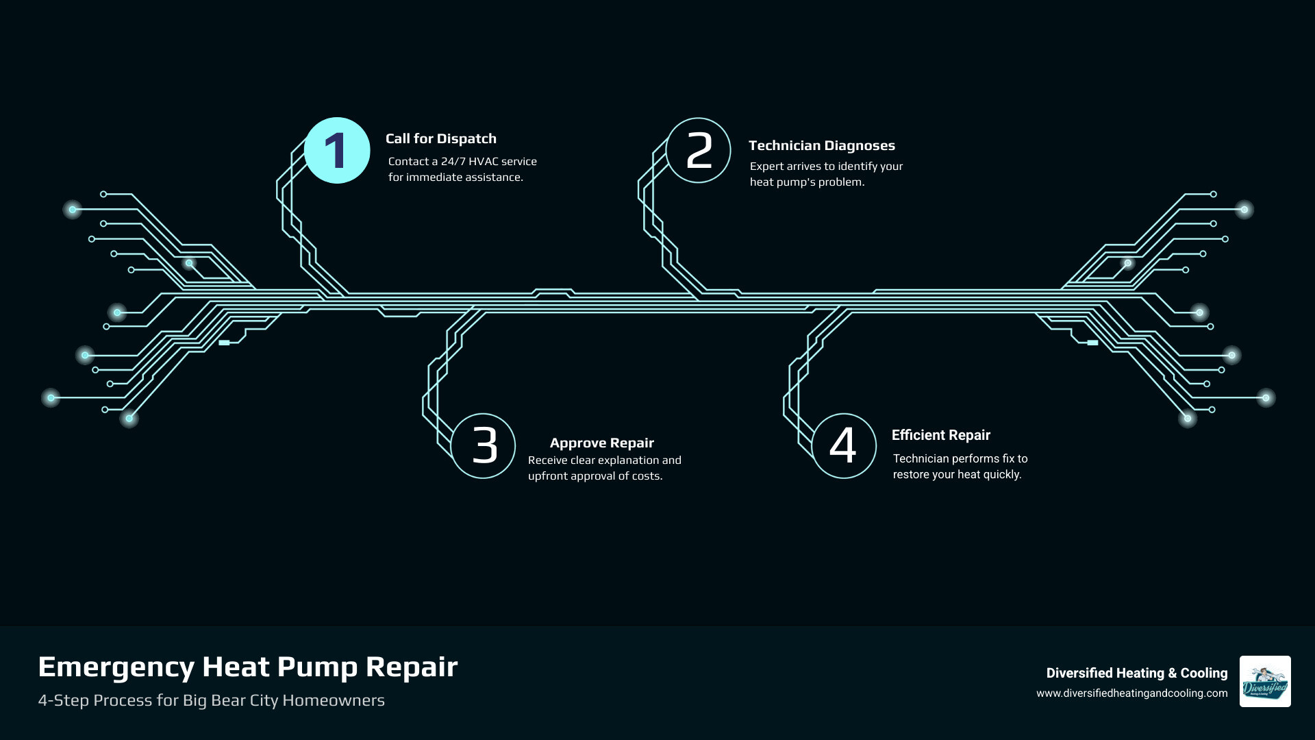 Infographic showing the 4-step emergency heat pump repair process: 1) Call for immediate dispatch 2) Technician arrives and diagnoses the problem 3) Clear explanation and upfront approval 4) Efficient repair to restore your heat - 24/7 heat pump repair in big bear city ca infographic infographic-4-steps-tech
