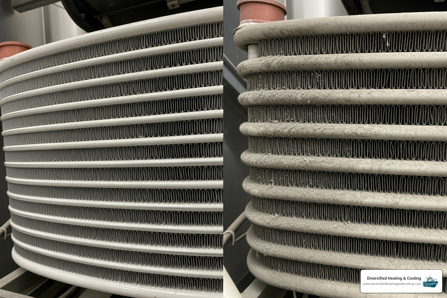 A split image comparing a clean, efficient heat pump coil on one side to a dirty, clogged coil on the other, highlighting the impact of maintenance. - reliable heat pump company in cathedral city ca
