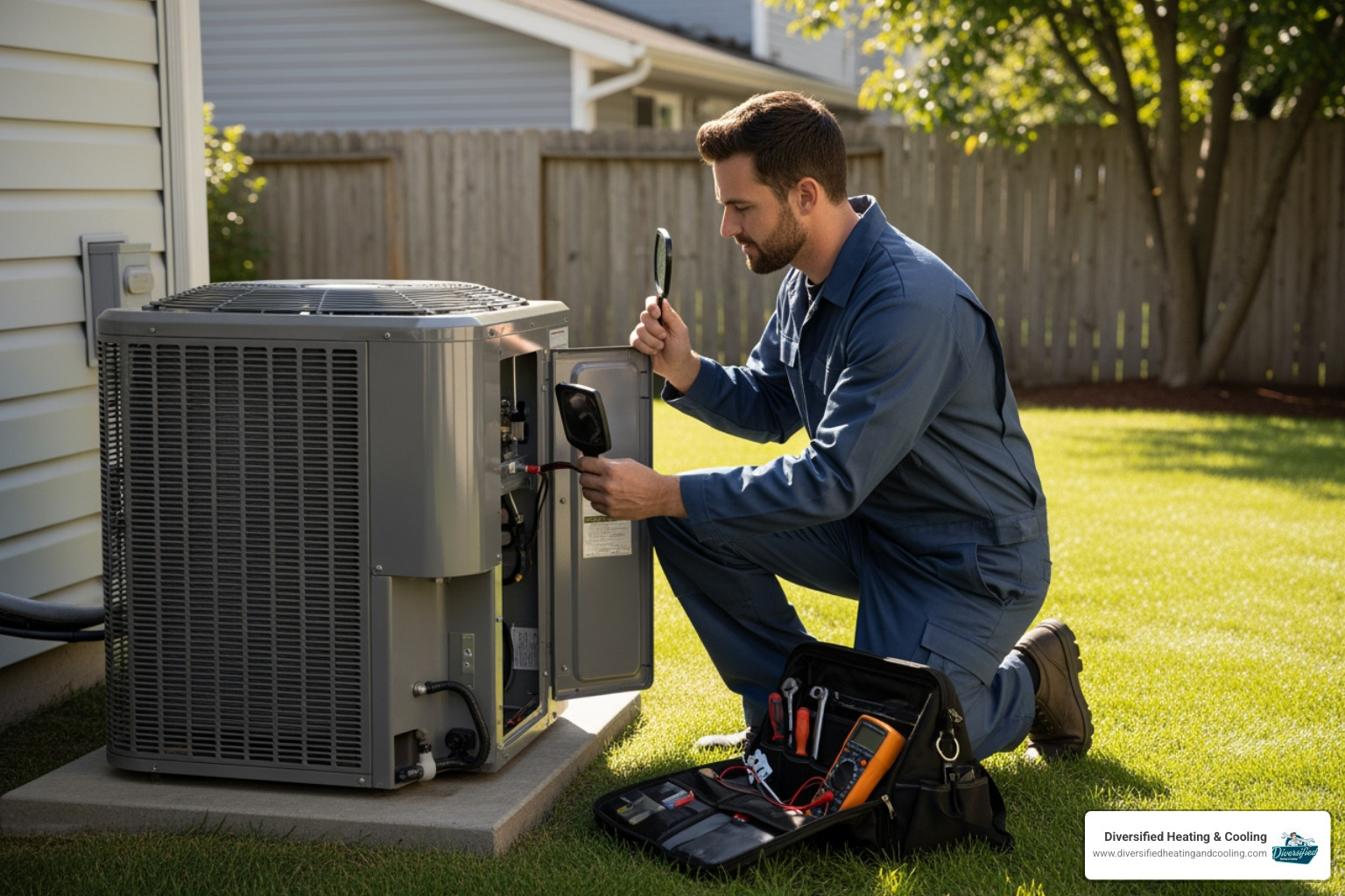 technician inspecting an outdoor heat pump unit - heat pump repair in la quinta ca