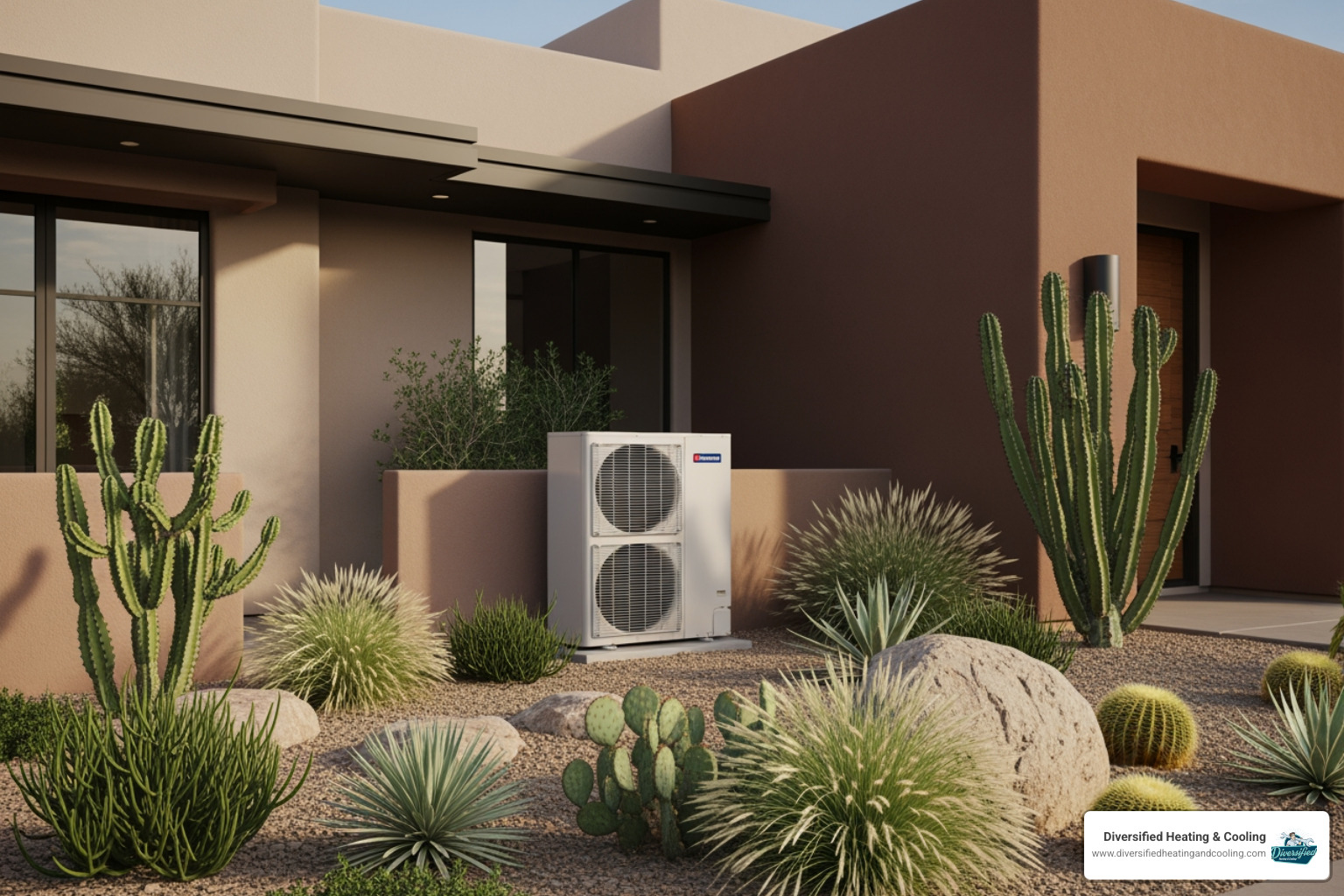 A modern, quiet heat pump unit outside a stylish desert home, blending seamlessly with the landscaping. - reliable heat pump company in cathedral city ca