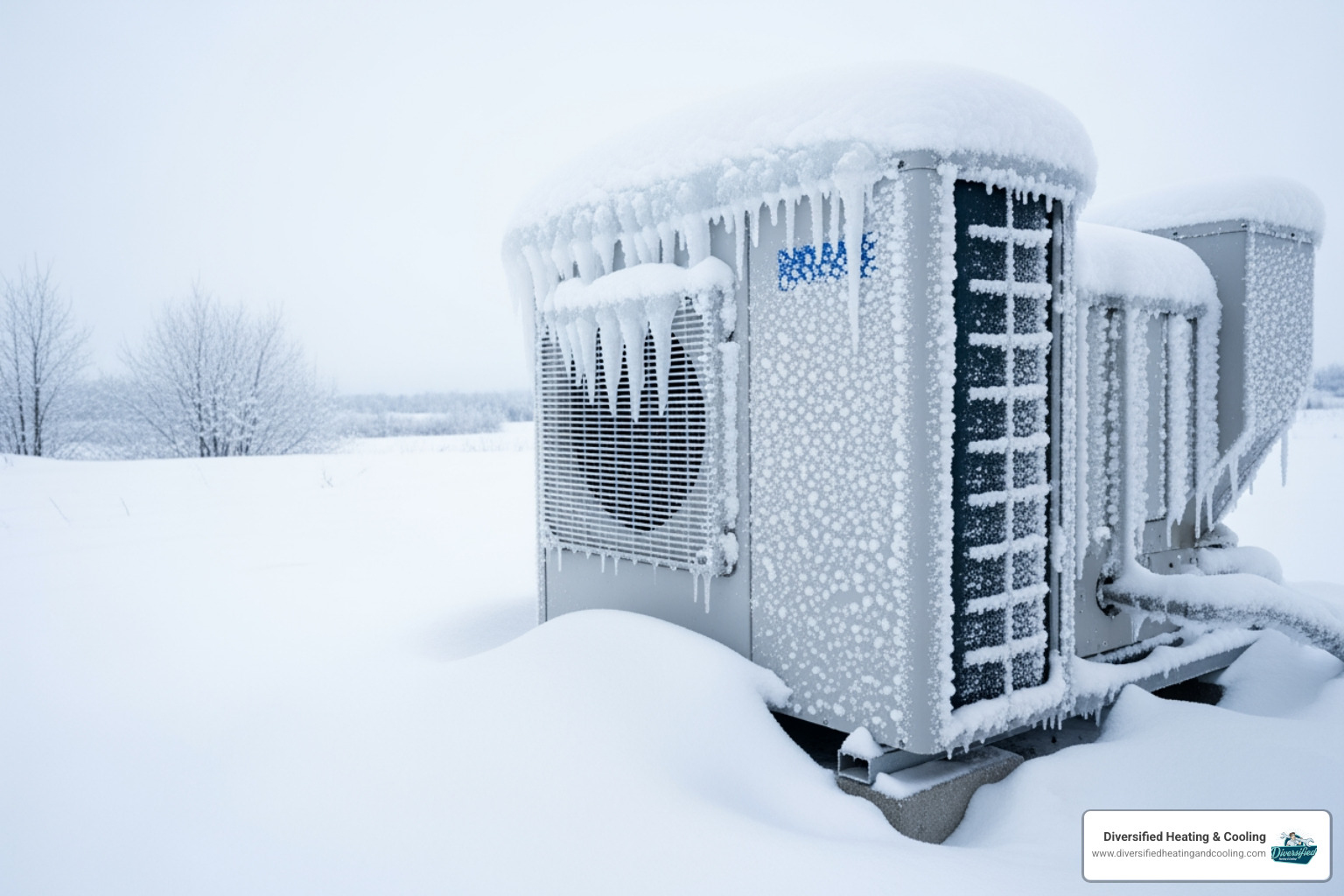 A heat pump's outdoor unit covered in snow and ice, indicating a potential defrost cycle problem in a cold climate. - 24/7 heat pump repair in big bear city ca