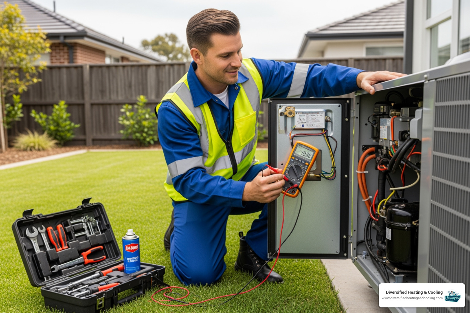 A friendly HVAC technician performing routine maintenance on an outdoor heat pump unit, checking components and ensuring optimal performance. - 24/7 heat pump repair in big bear city ca