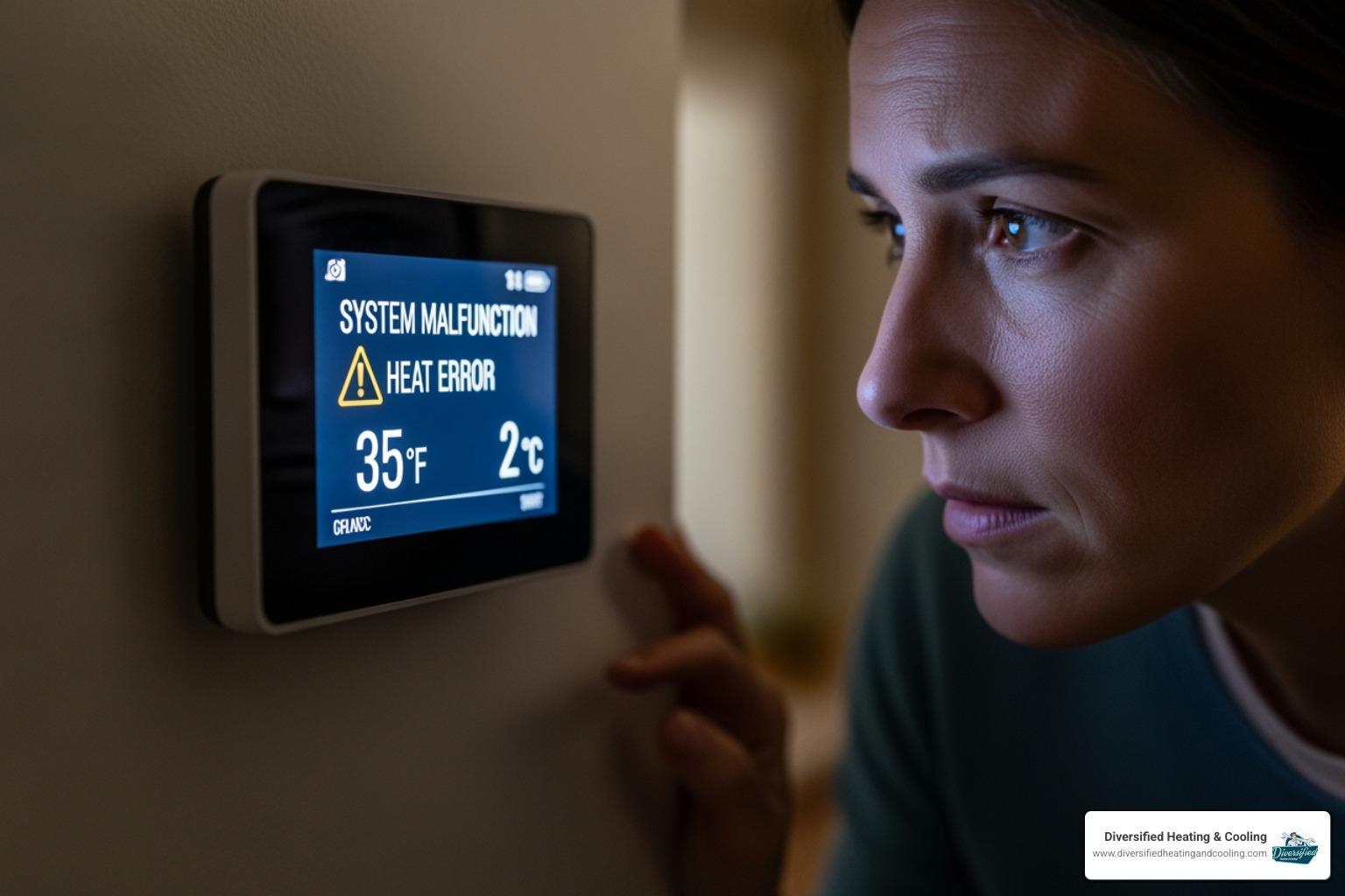 A person looking intently at a digital thermostat display, which shows an error message or an unusually low temperature reading, indicating a potential heating system malfunction. - 24/7 heat pump repair in big bear city ca