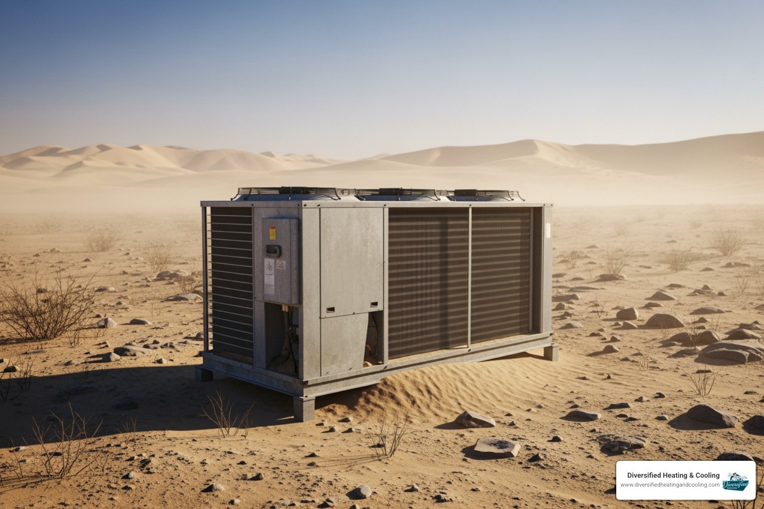 An outdoor HVAC unit in a desert landscape with dust and sand around it - 24/7 heating repair in joshua tree ca