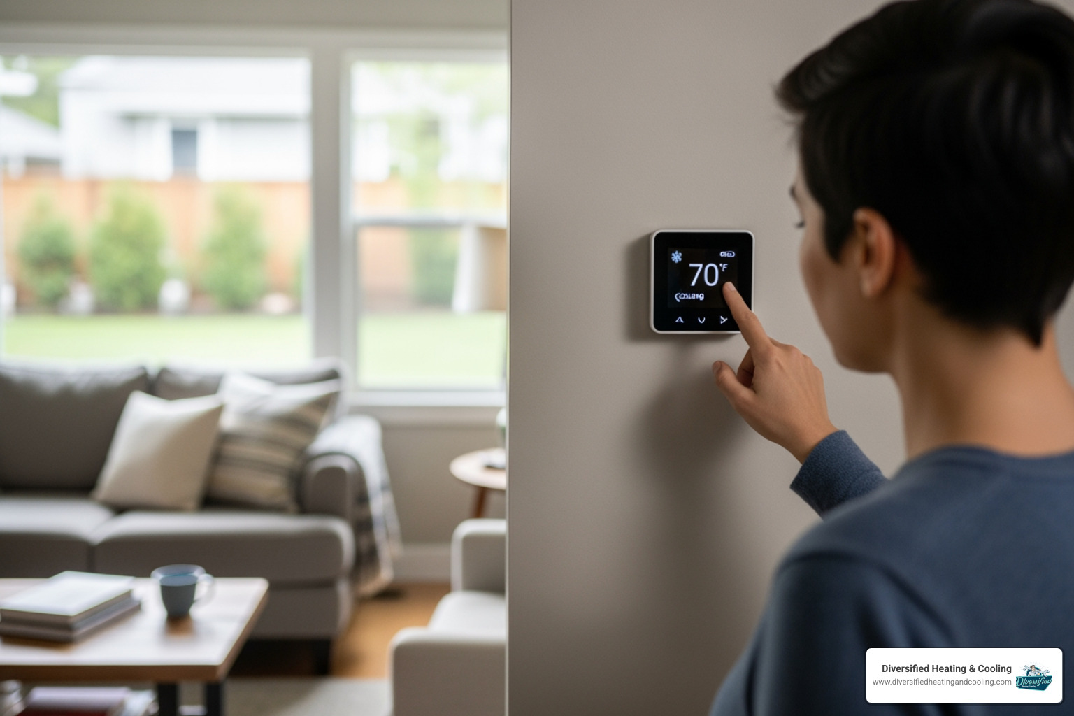 A person checking a home thermostat - 24/7 heating repair in joshua tree ca