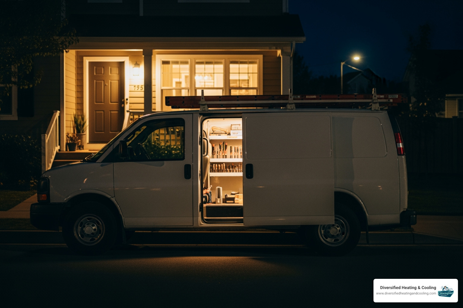 A service van parked at night in front of a home with lights on - 24/7 heating repair in joshua tree ca