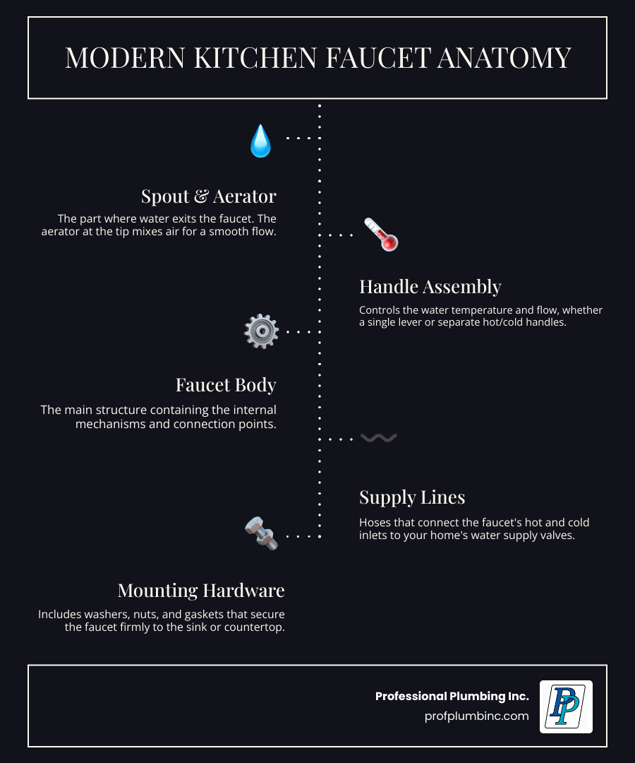 Detailed infographic showing the anatomy of a modern kitchen faucet with labeled parts including spout, handle assembly, faucet body, supply lines (hot and cold), mounting nuts and washers, deck plate or gasket, aerator, pull-down spray hose with weight, and shut-off valves beneath the sink - New kitchen faucet install infographic infographic-line-5-steps-dark Detailed infographic showing the anatomy of a modern kitchen faucet with labeled parts including spout, handle assembly, faucet body, supply lines (hot and cold), mounting nuts and washers, deck plate or gasket, aerator, pull-down spray hose with weight, and shut-off valves beneath the sink - New kitchen faucet install infographic infographic-line-5-steps-dark