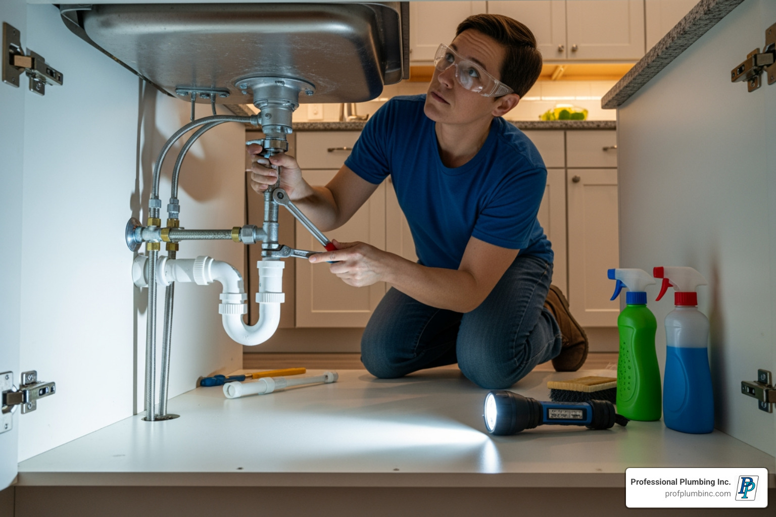 Person working under a sink with a basin wrench - New kitchen faucet install Person working under a sink with a basin wrench - New kitchen faucet install