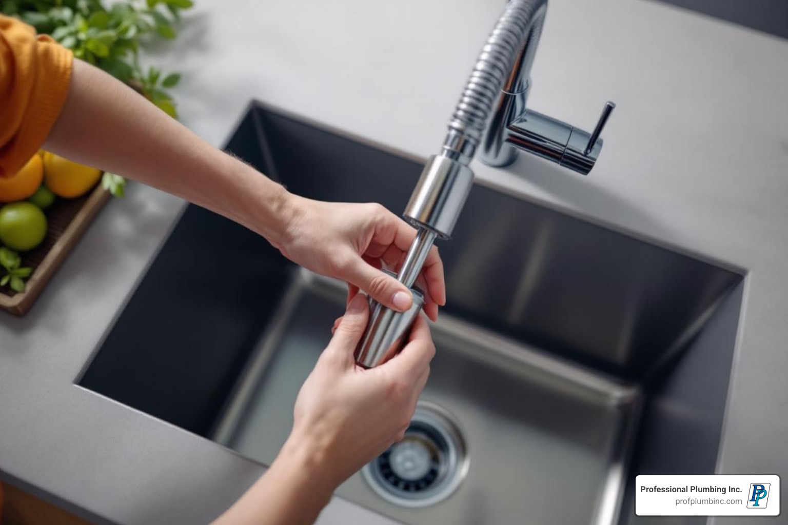 New faucet being lowered into the sink hole from above - New kitchen faucet install New faucet being lowered into the sink hole from above - New kitchen faucet install